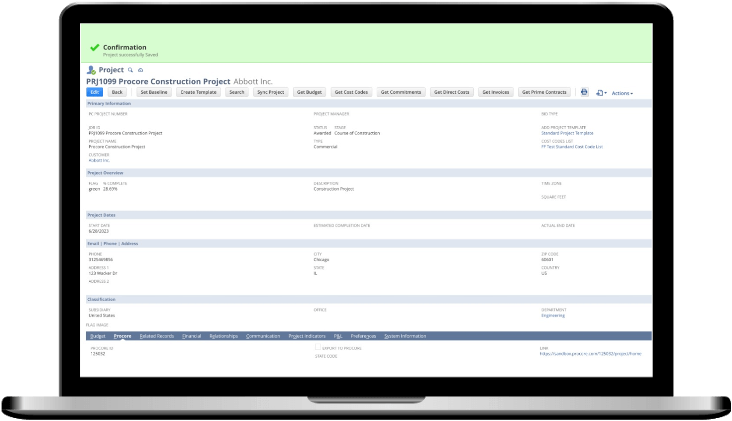 A synced construction project record open in NetSuite